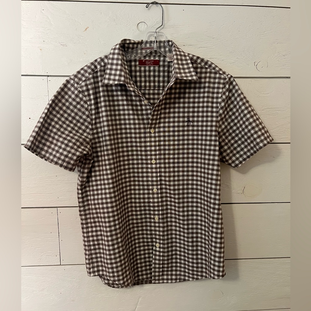Men’s Brown Checked Penguin Short Sleeve Shirt